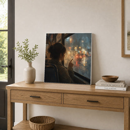 #pl[17x17 Inch|Multicolor] Rainy Window Heart Square Canvas Wall Art, Rainy Night City Decor