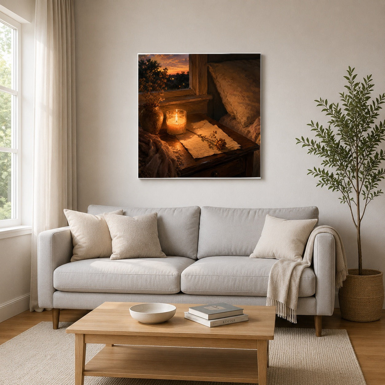 #pl[17x17 Inch|Multicolor] Candlelit Letter Rose Square Canvas Wall Art, Cozy Sunset Bedroom Decor