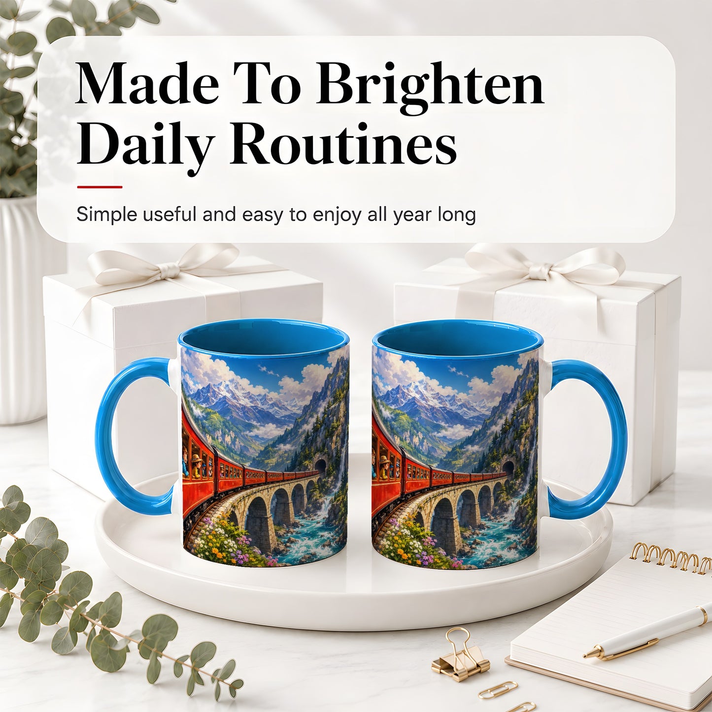 #pl[11oz|Blue] Mountain Train Ceramic Mug, Red Alpine Railway Bridge Scene