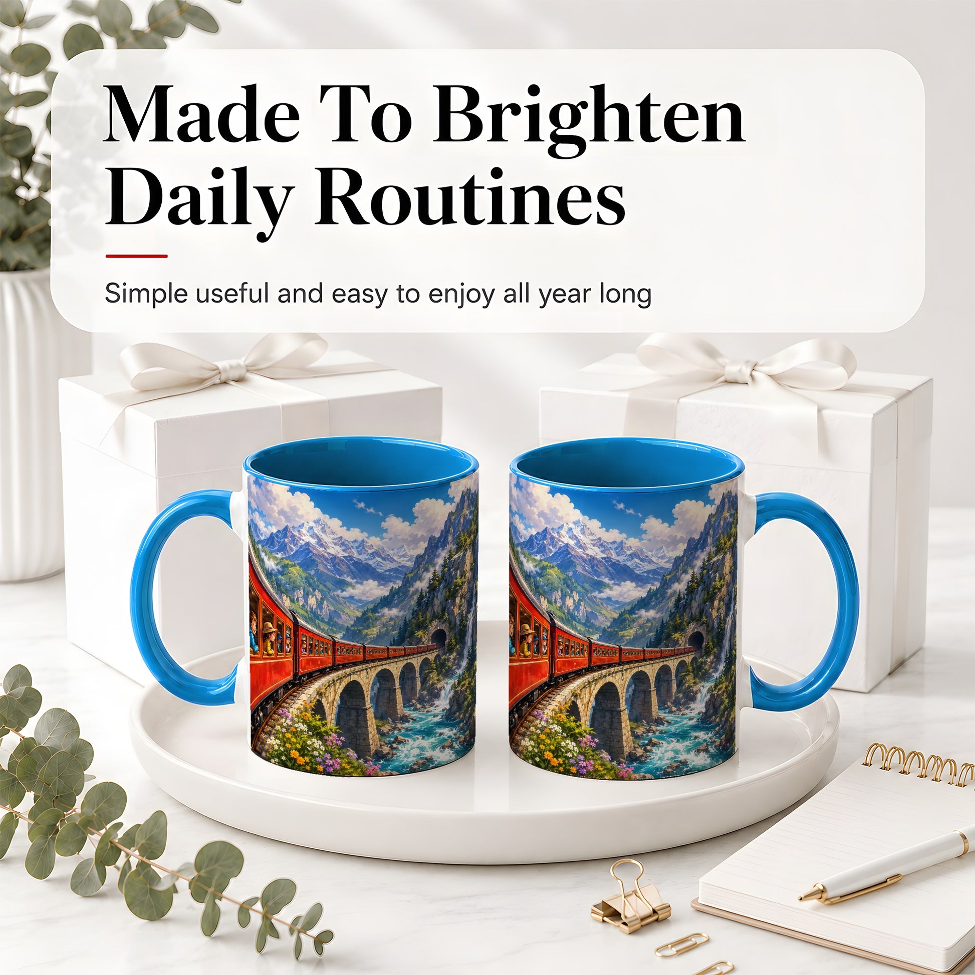 #pl[11oz|Blue] Mountain Train Ceramic Mug, Red Alpine Railway Bridge Scene