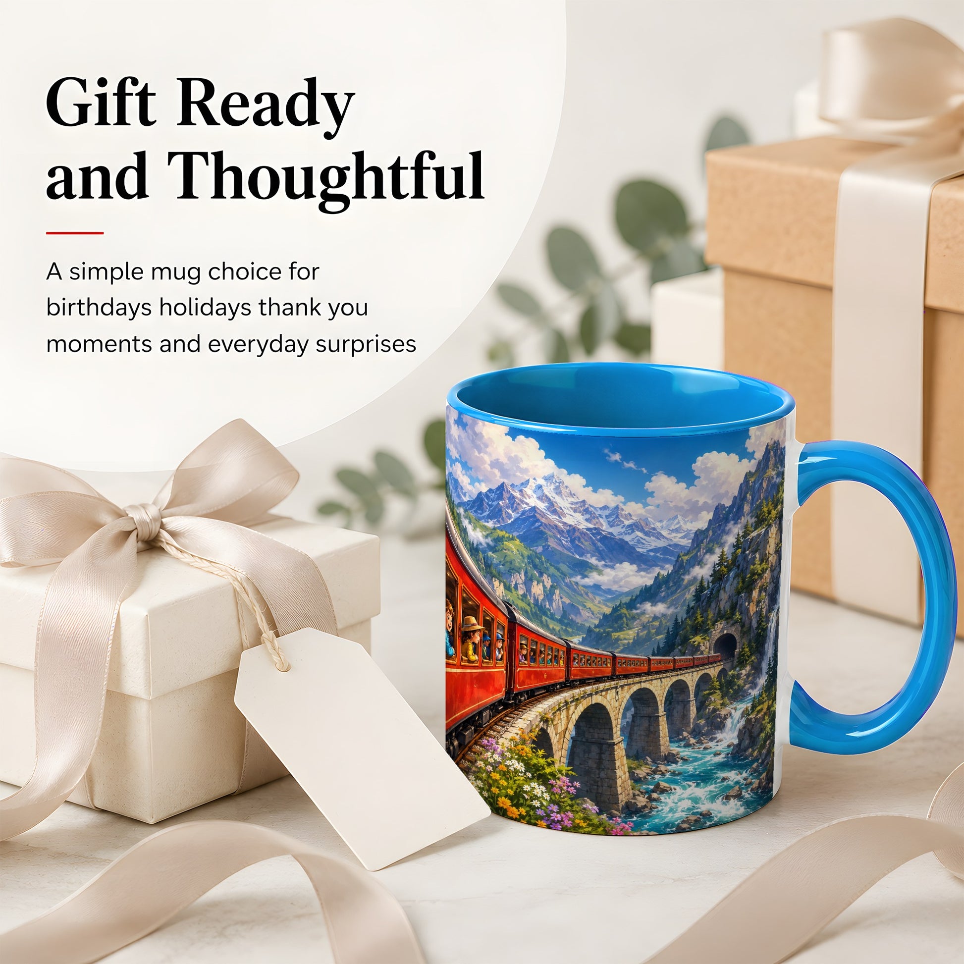 #pl[11oz|Blue] Mountain Train Ceramic Mug, Red Alpine Railway Bridge Scene