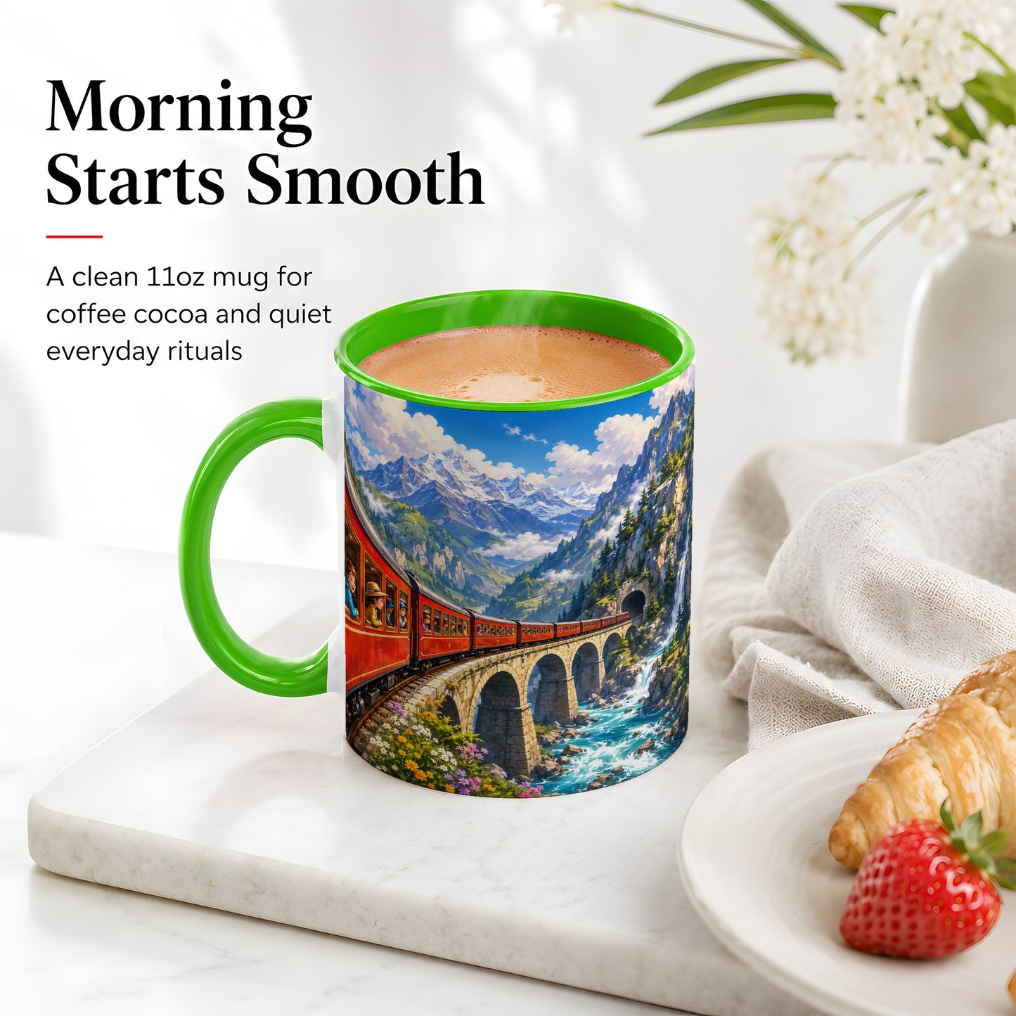 #pl[11oz|Green] Mountain Train Ceramic Mug, Red Alpine Railway Bridge Scene