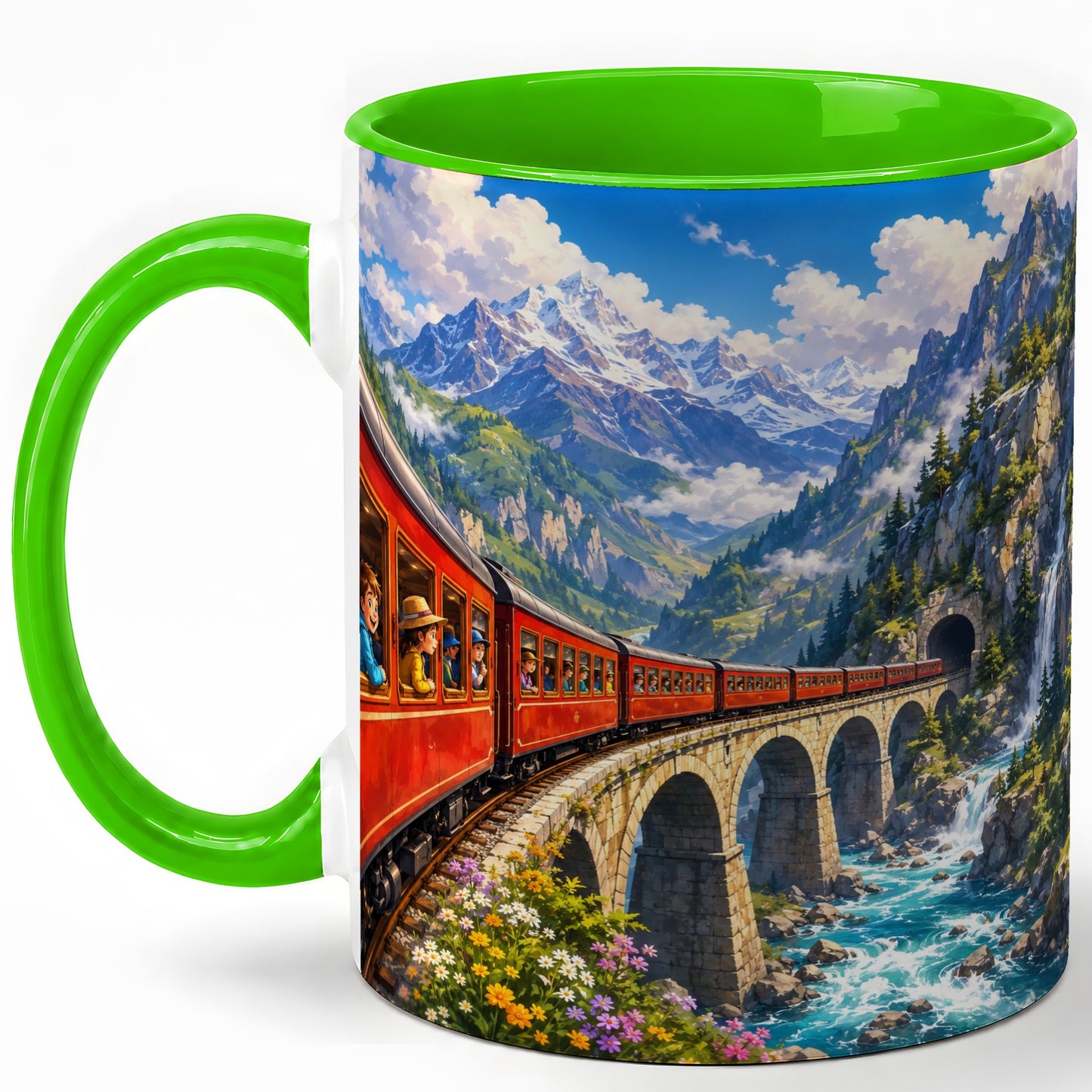 #pl[11oz|Green] Mountain Train Ceramic Mug, Red Alpine Railway Bridge Scene