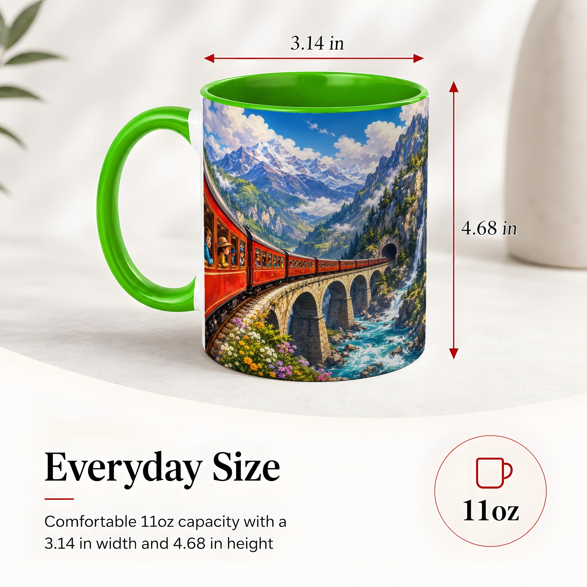#pl[11oz|Green] Mountain Train Ceramic Mug, Red Alpine Railway Bridge Scene