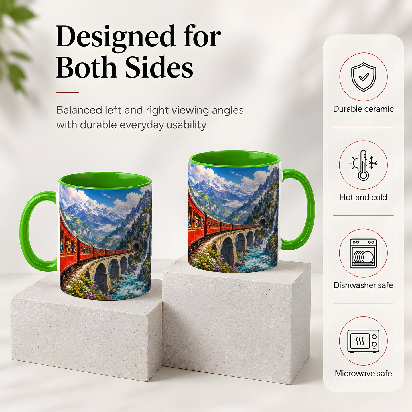 #pl[11oz|Green] Mountain Train Ceramic Mug, Red Alpine Railway Bridge Scene