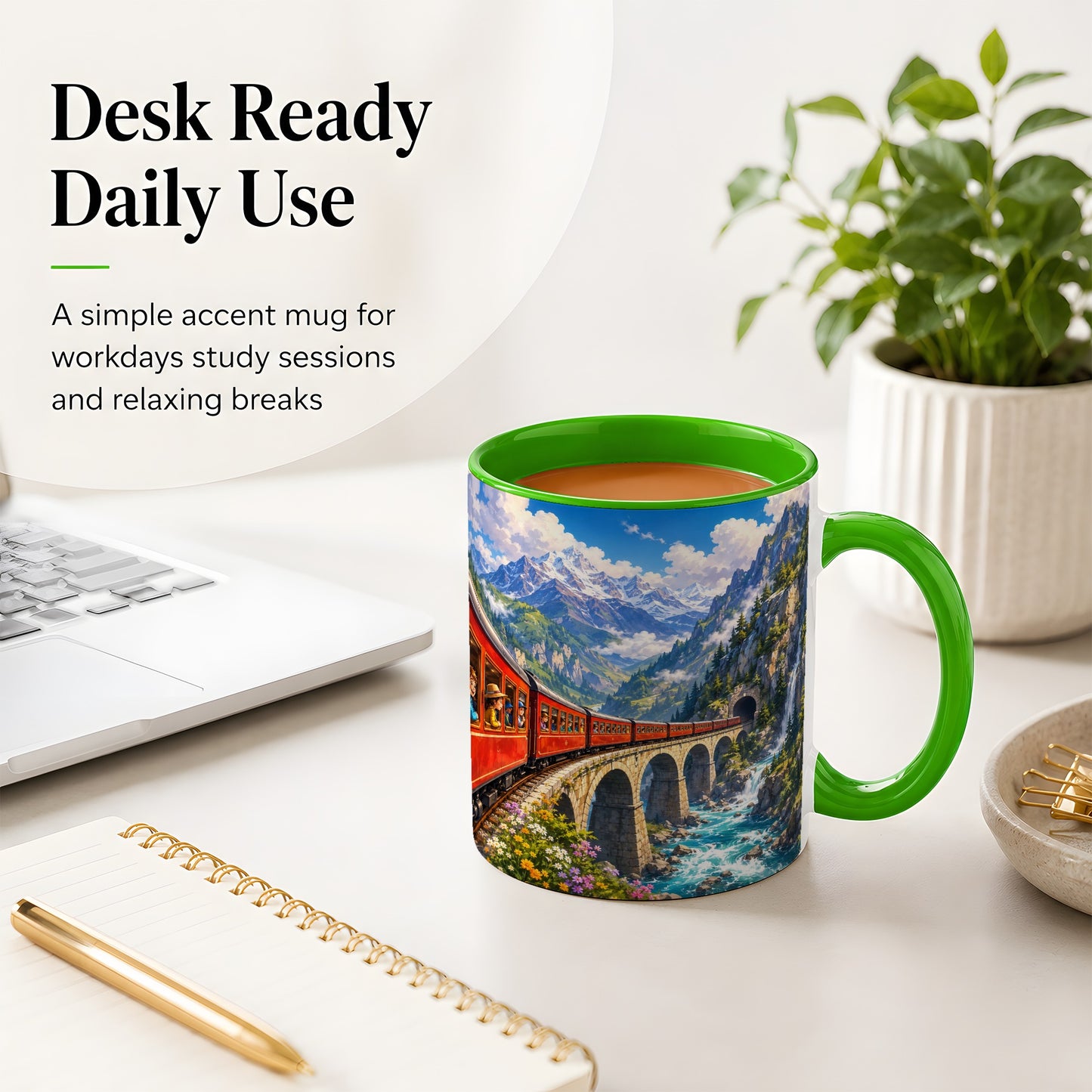 #pl[11oz|Green] Mountain Train Ceramic Mug, Red Alpine Railway Bridge Scene