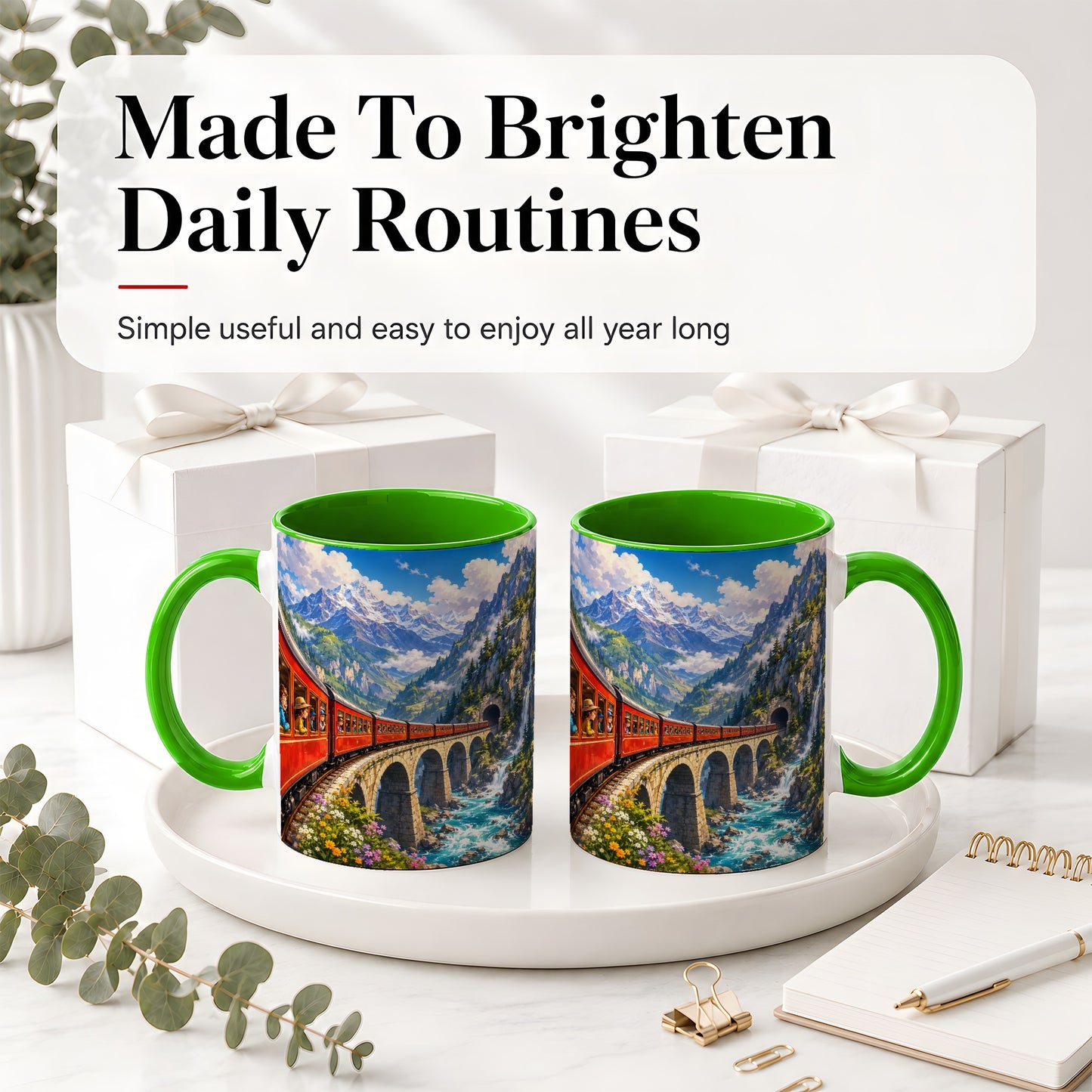 #pl[11oz|Green] Mountain Train Ceramic Mug, Red Alpine Railway Bridge Scene
