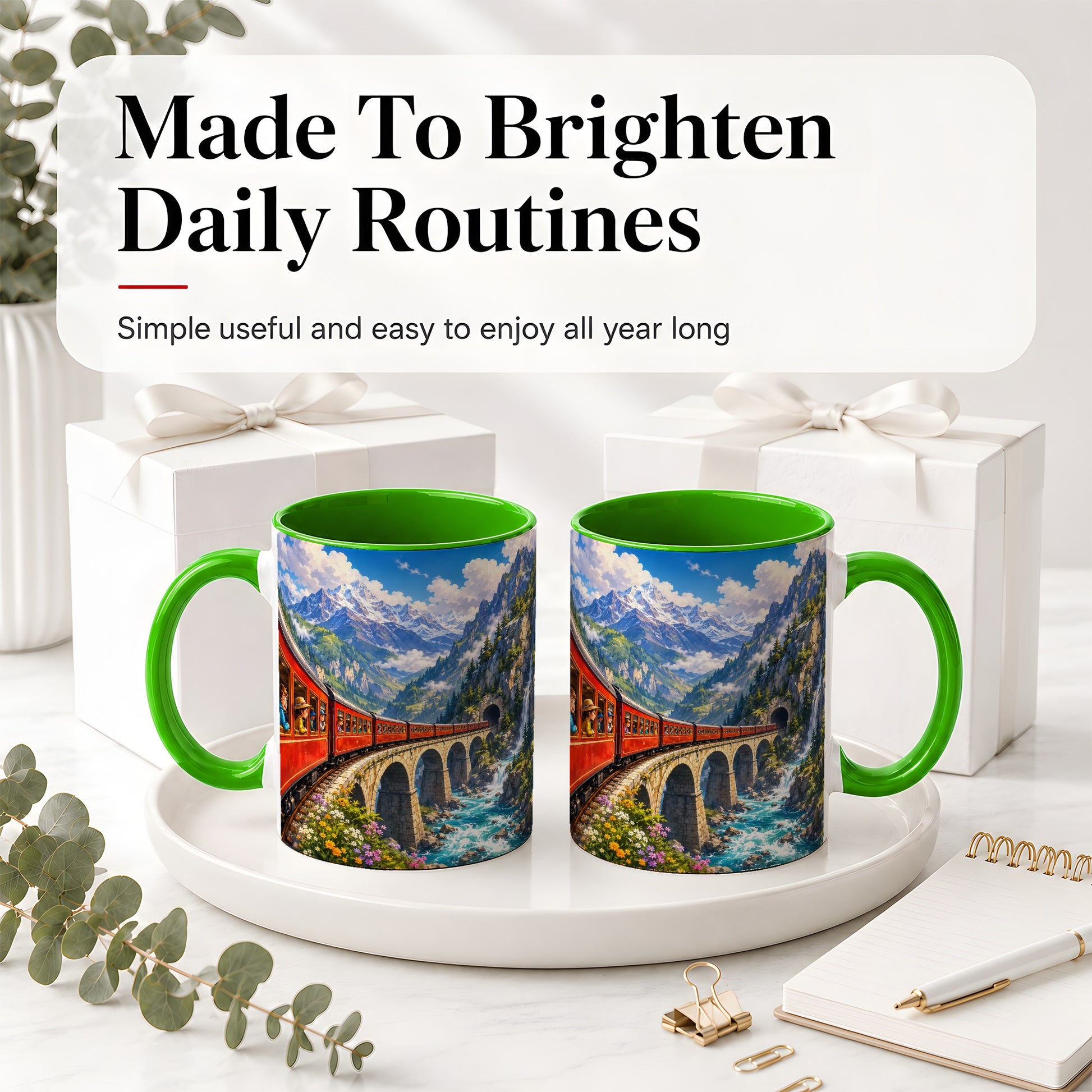 #pl[11oz|Green] Mountain Train Ceramic Mug, Red Alpine Railway Bridge Scene