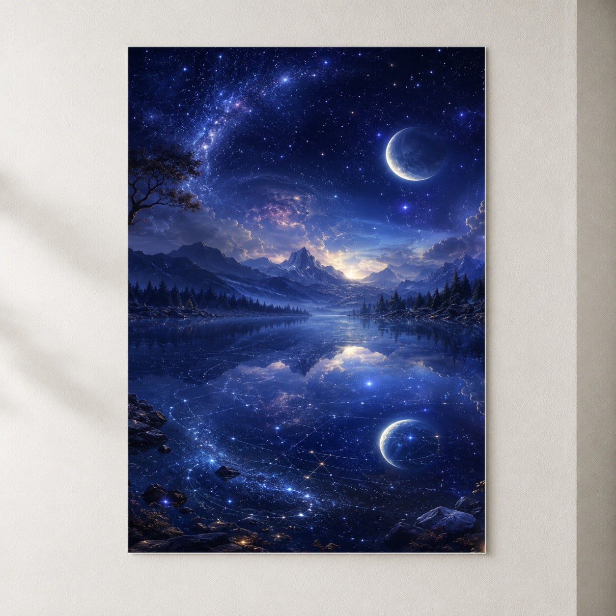 Cosmic Lake Poster, Moonlit Celestial Landscape Wall Art