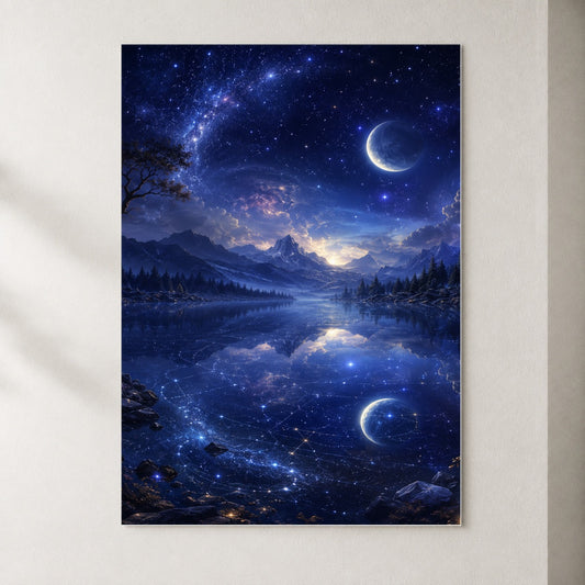 Cosmic Lake Poster, Moonlit Celestial Landscape Wall Art