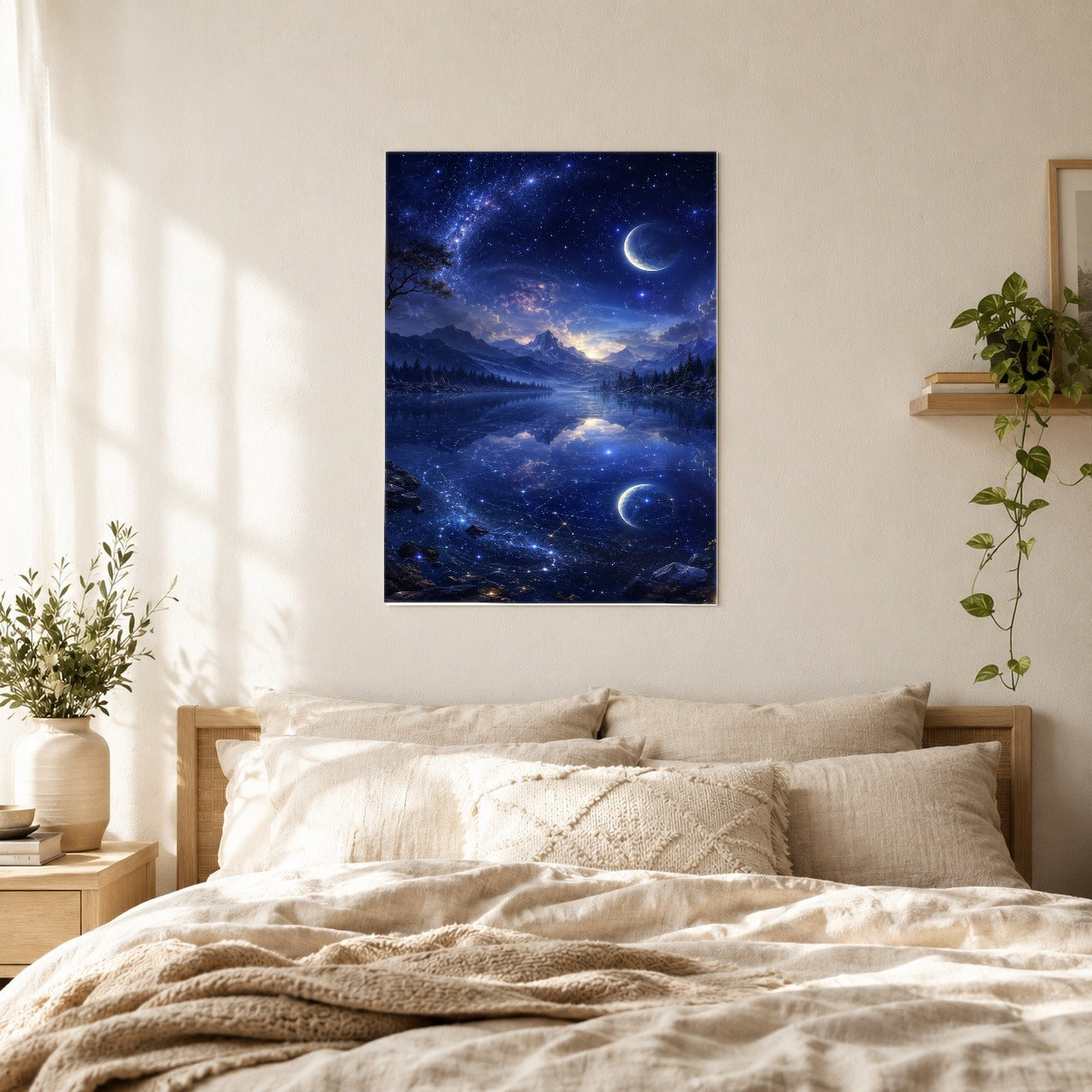 #pl[8x10 Inch|Multicolor] Cosmic Lake Poster, Moonlit Celestial Landscape Wall Art