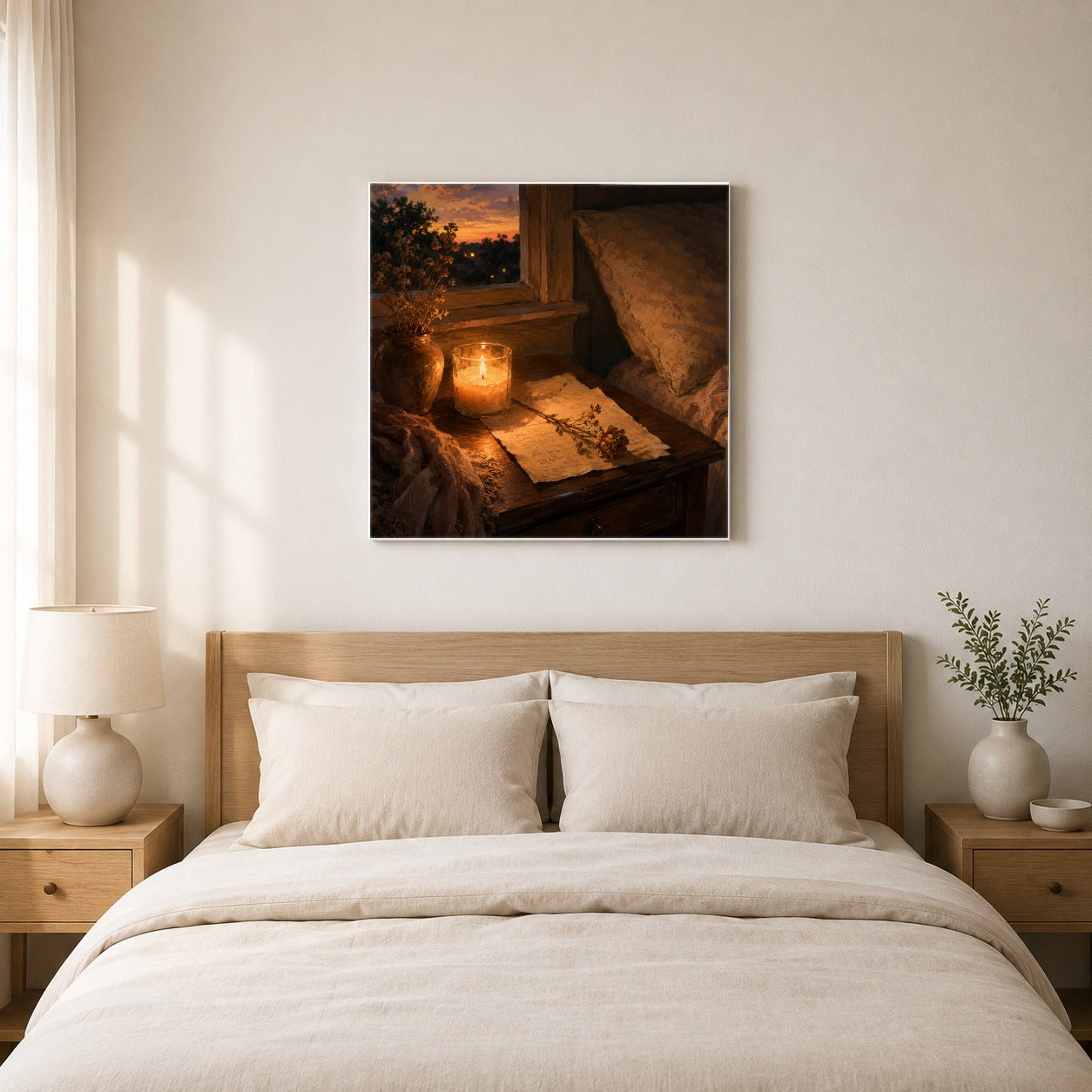 #pl[17x17 Inch|Multicolor] Candlelit Letter Rose Square Canvas Wall Art, Cozy Sunset Bedroom Decor