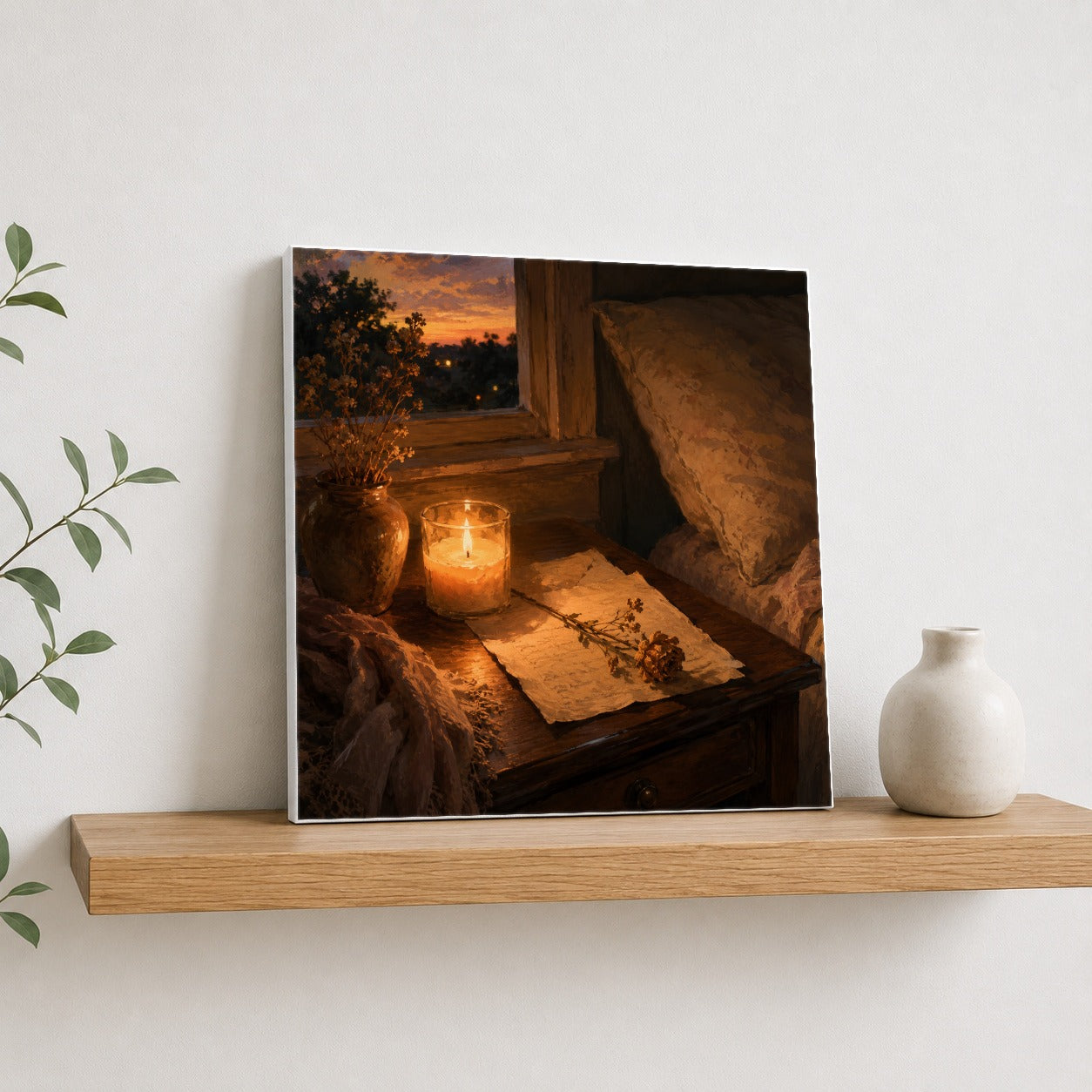 #pl[17x17 Inch|Multicolor] Candlelit Letter Rose Square Canvas Wall Art, Cozy Sunset Bedroom Decor
