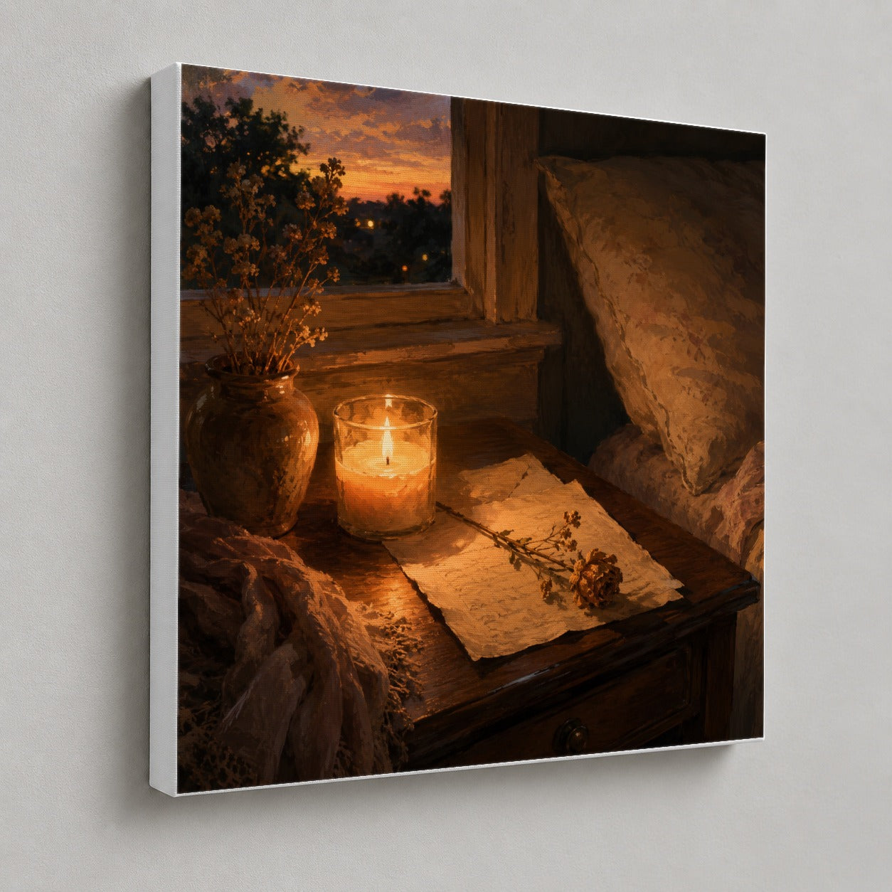 #pl[17x17 Inch|Multicolor] Candlelit Letter Rose Square Canvas Wall Art, Cozy Sunset Bedroom Decor