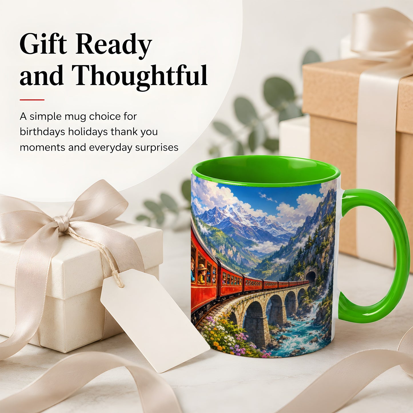 #pl[11oz|Green] Mountain Train Ceramic Mug, Red Alpine Railway Bridge Scene