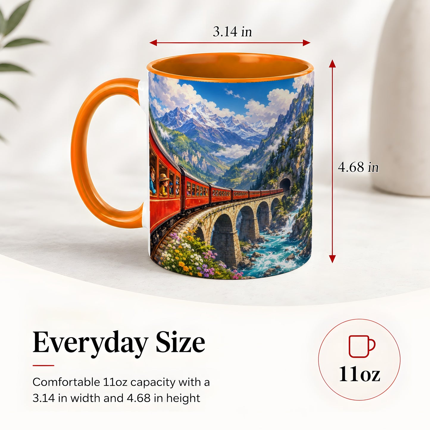 #pl[11oz|Orange] Mountain Train Ceramic Mug, Red Alpine Railway Bridge Scene