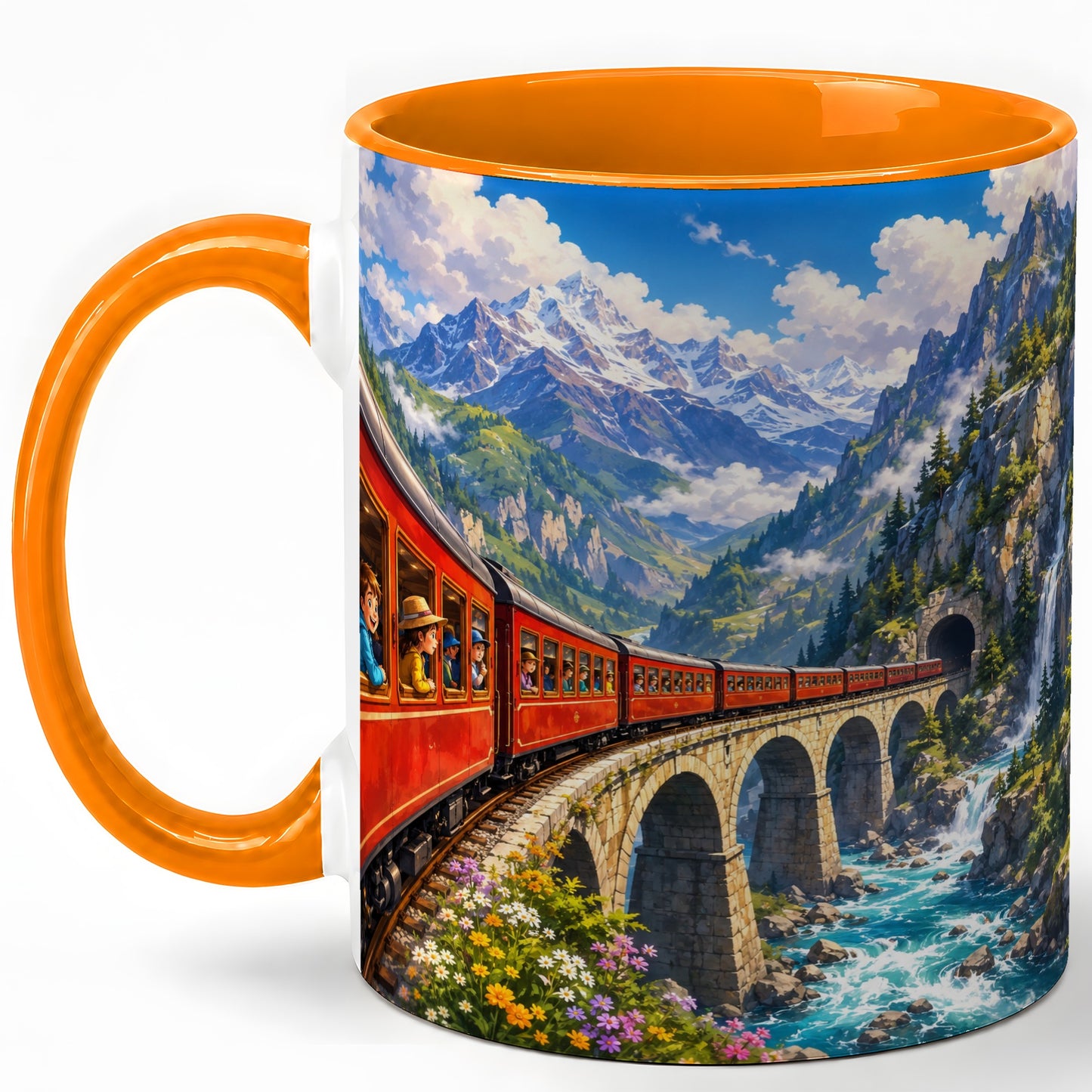 #pl[11oz|Orange] Mountain Train Ceramic Mug, Red Alpine Railway Bridge Scene