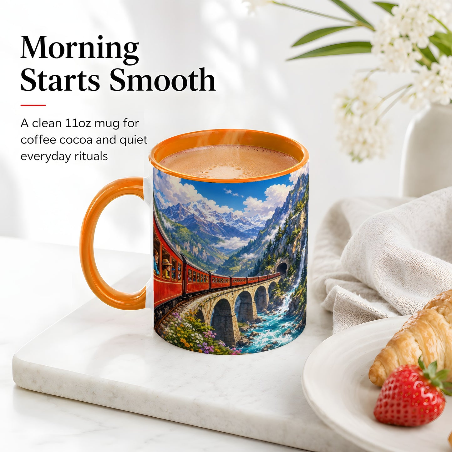 #pl[11oz|Orange] Mountain Train Ceramic Mug, Red Alpine Railway Bridge Scene