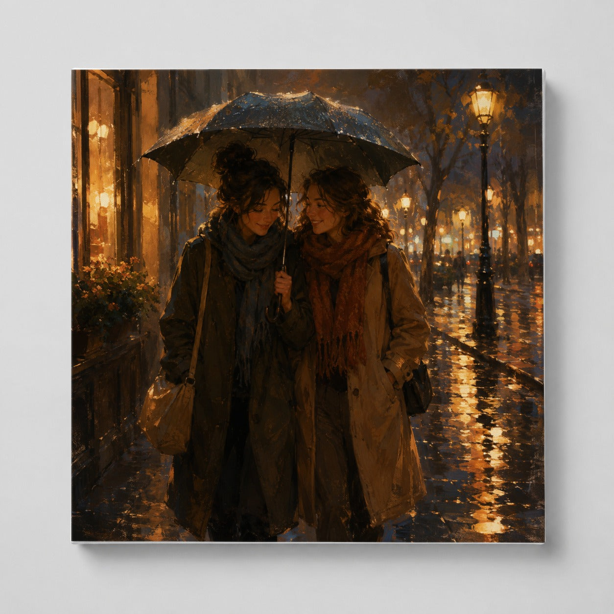 Rainy Friendship Walk Square Canvas Wall Art, Umbrella City Night Decor