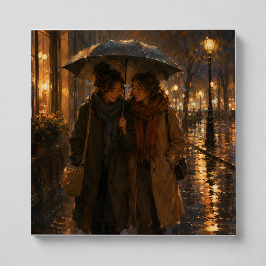 Rainy Friendship Walk Square Canvas Wall Art, Umbrella City Night Decor