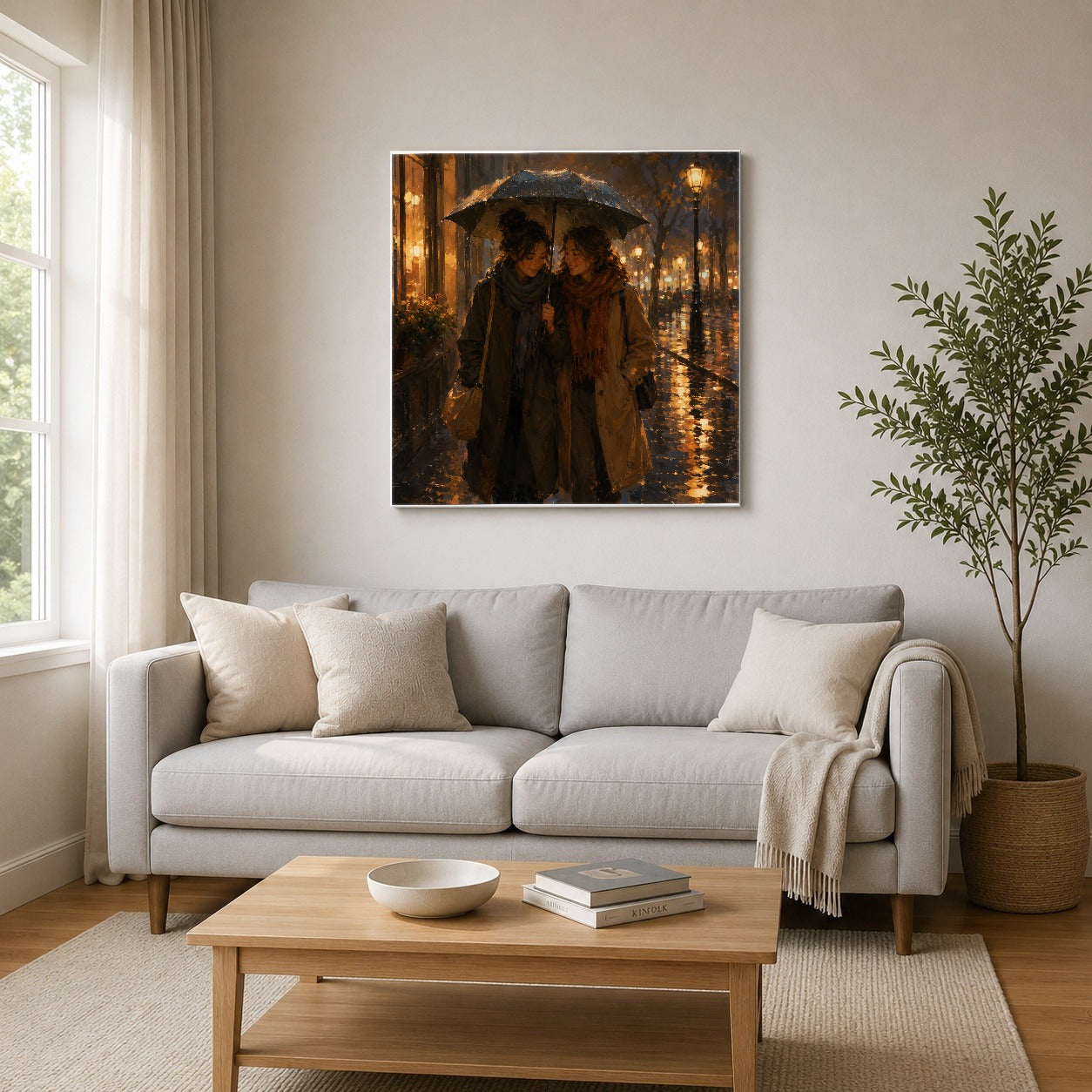 #pl[17x17 Inch|Multicolor] Rainy Friendship Walk Square Canvas Wall Art, Umbrella City Night Decor