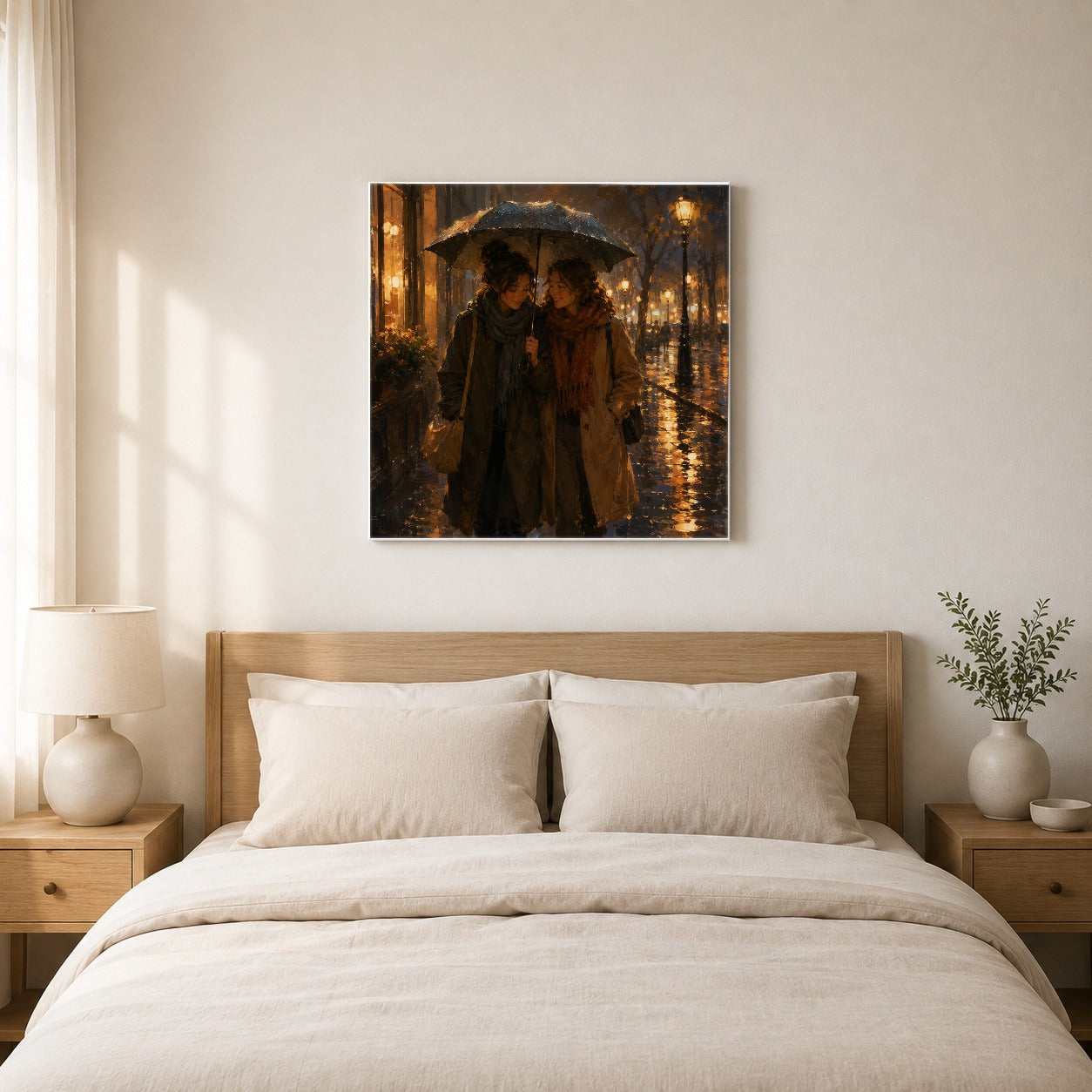 #pl[17x17 Inch|Multicolor] Rainy Friendship Walk Square Canvas Wall Art, Umbrella City Night Decor