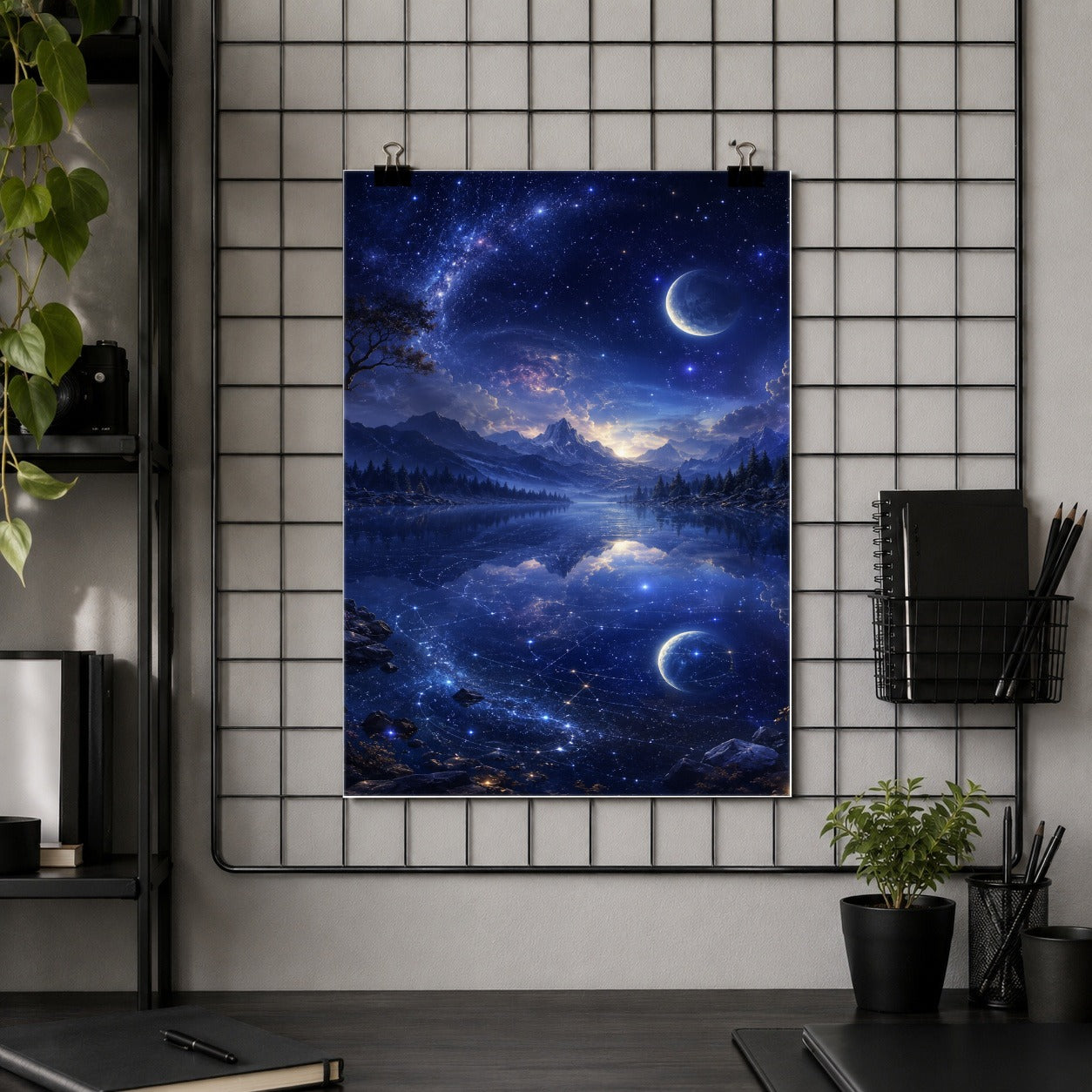 #pl[8x10 Inch|Multicolor] Cosmic Lake Poster, Moonlit Celestial Landscape Wall Art