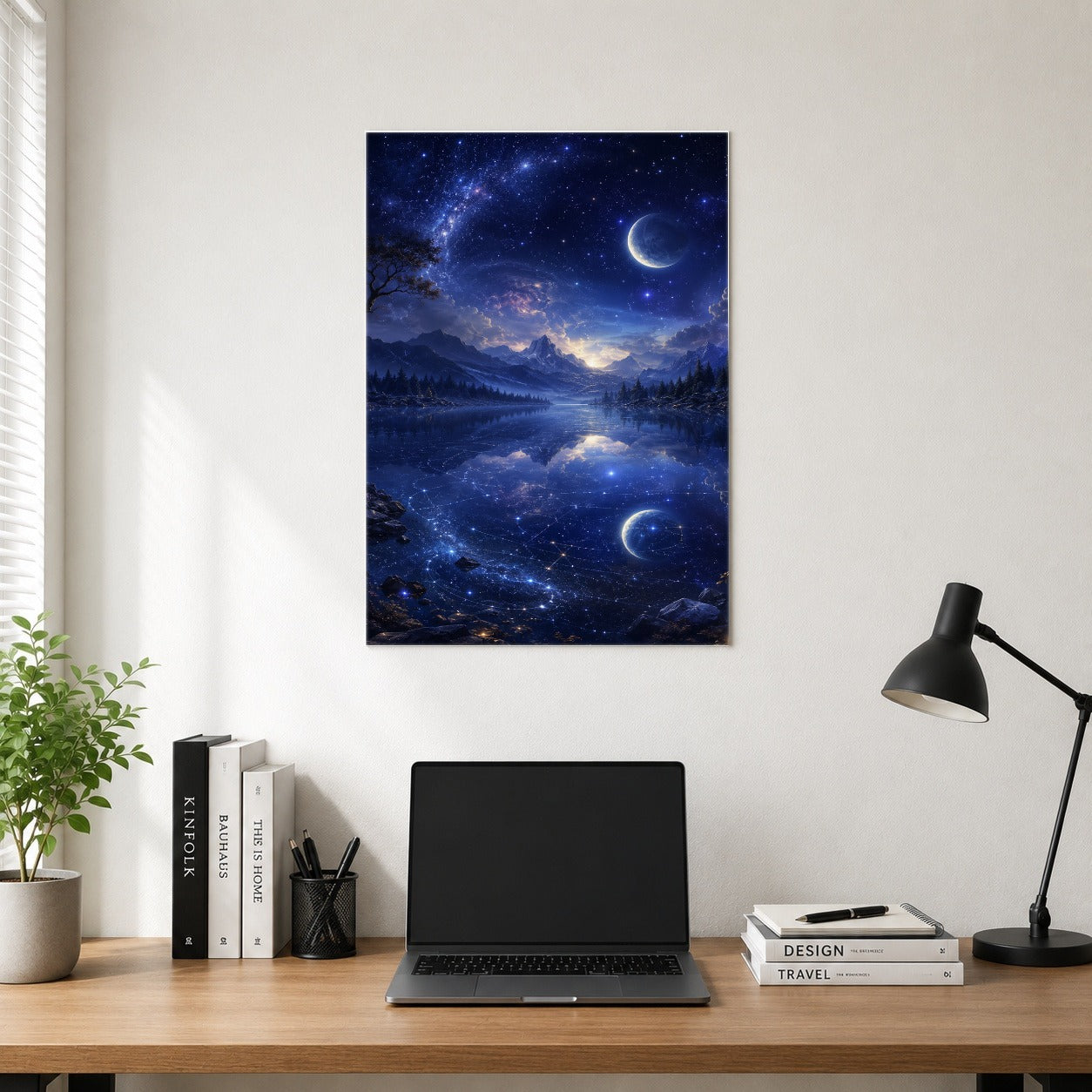 #pl[8x10 Inch|Multicolor] Cosmic Lake Poster, Moonlit Celestial Landscape Wall Art
