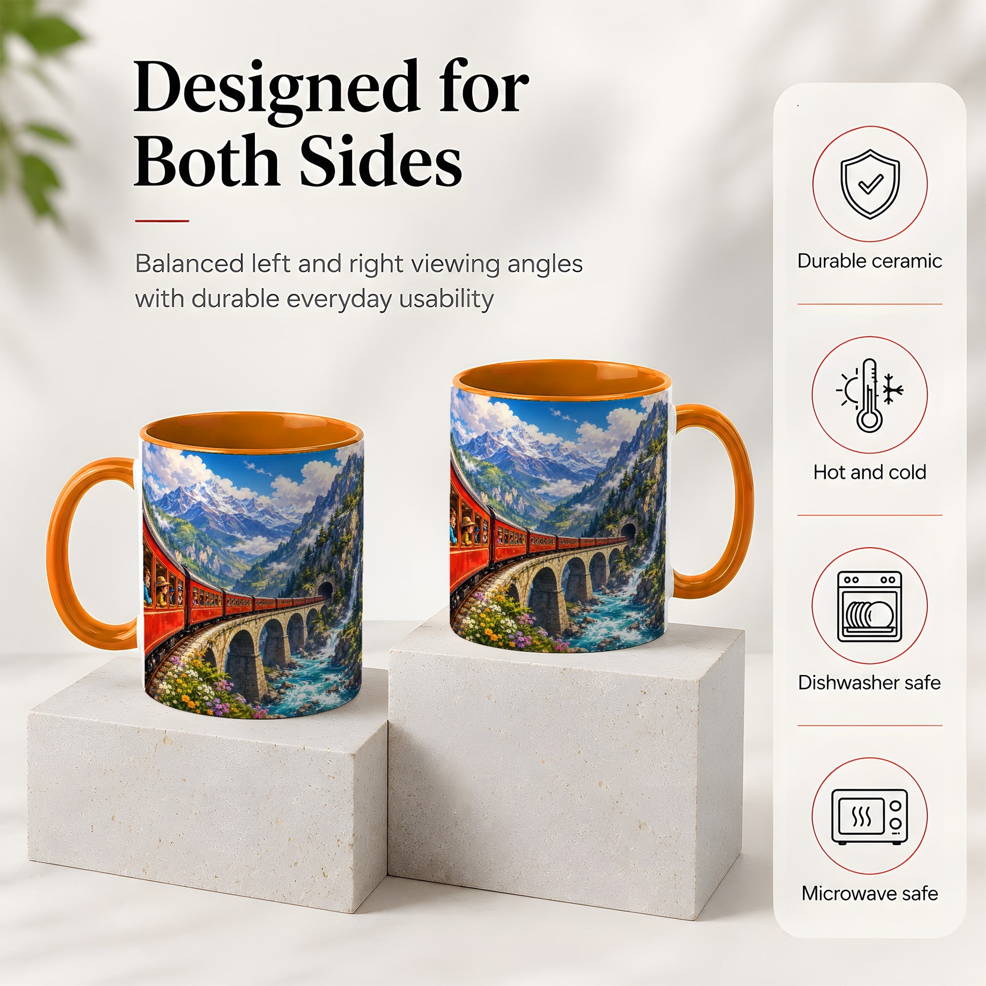 #pl[11oz|Orange] Mountain Train Ceramic Mug, Red Alpine Railway Bridge Scene