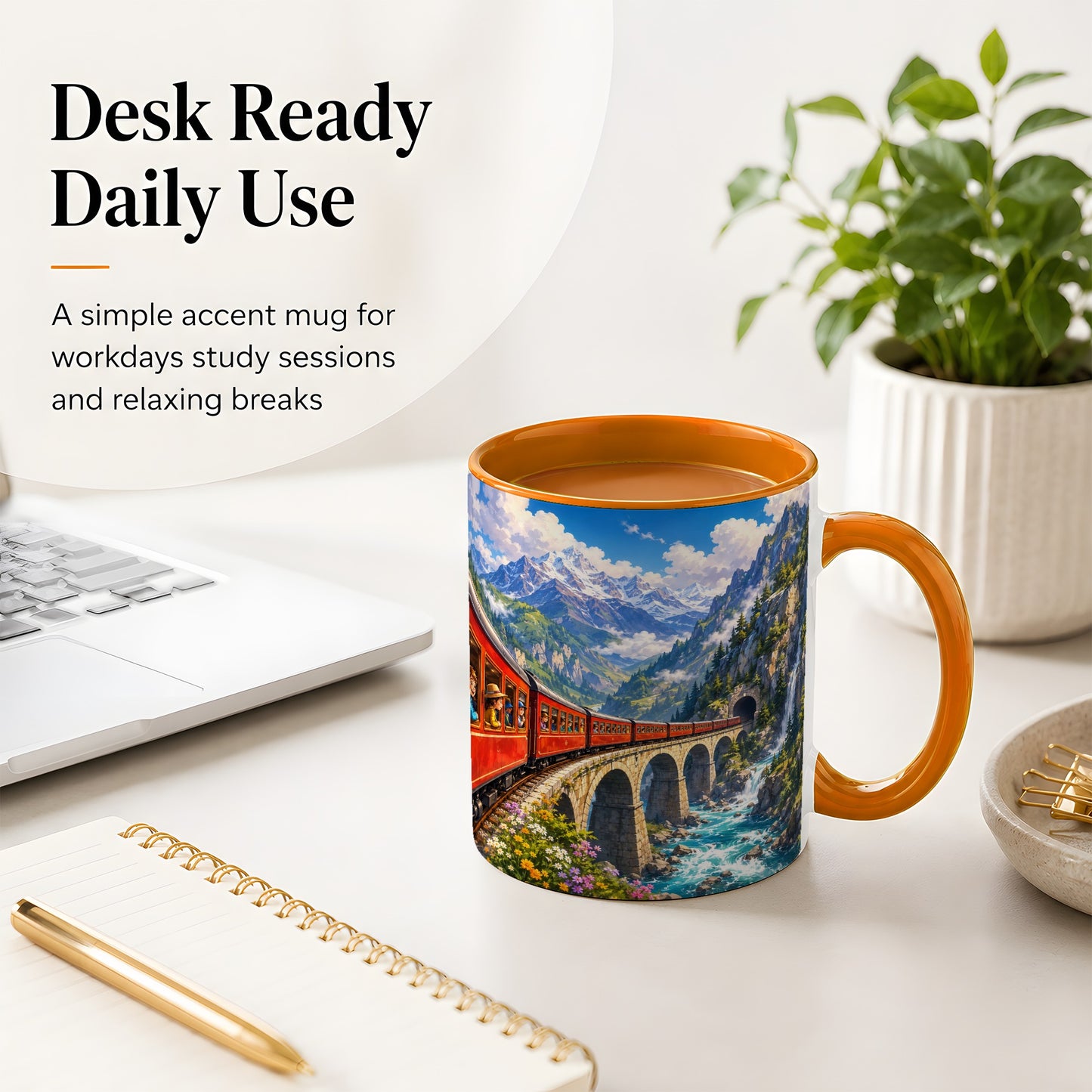 #pl[11oz|Orange] Mountain Train Ceramic Mug, Red Alpine Railway Bridge Scene