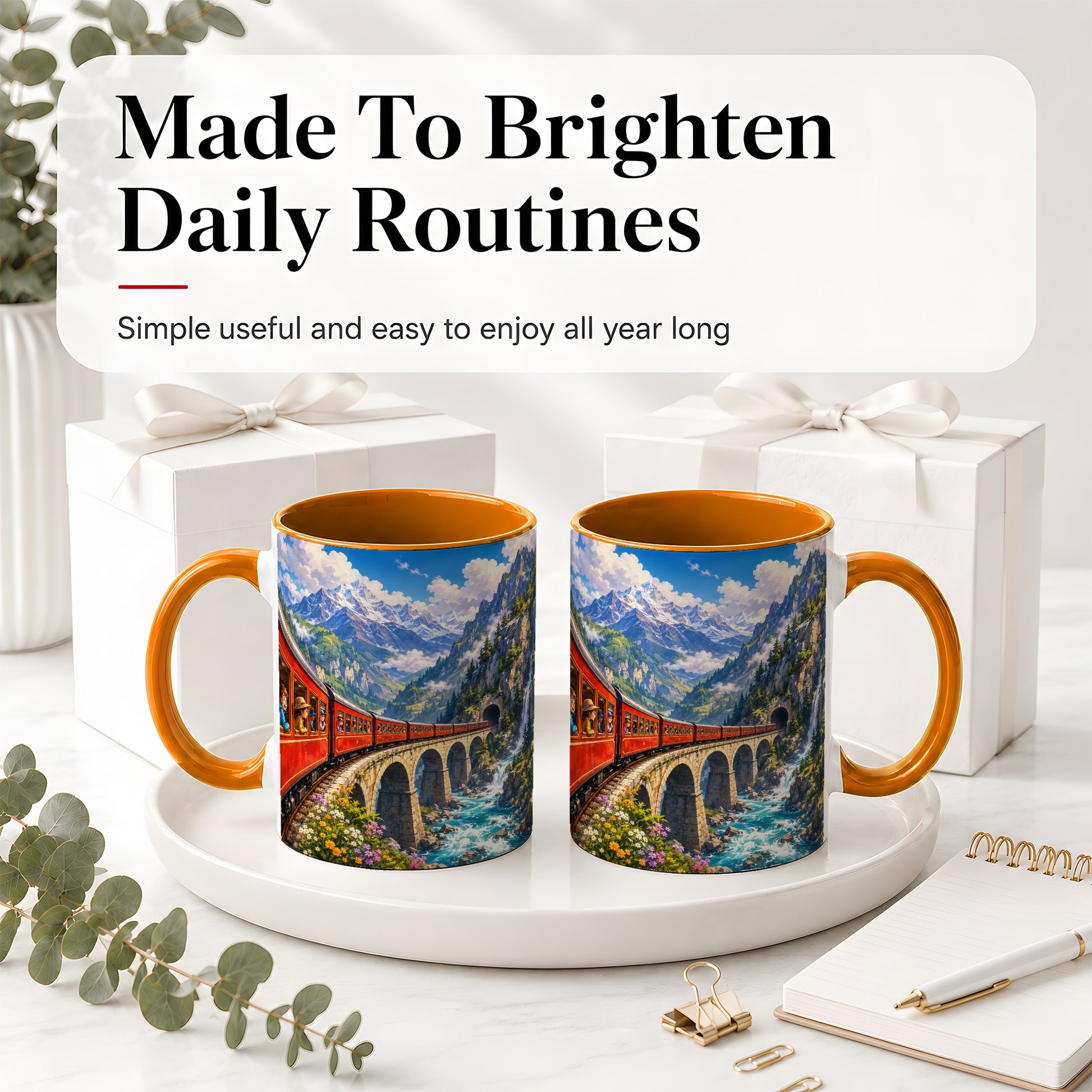 #pl[11oz|Orange] Mountain Train Ceramic Mug, Red Alpine Railway Bridge Scene