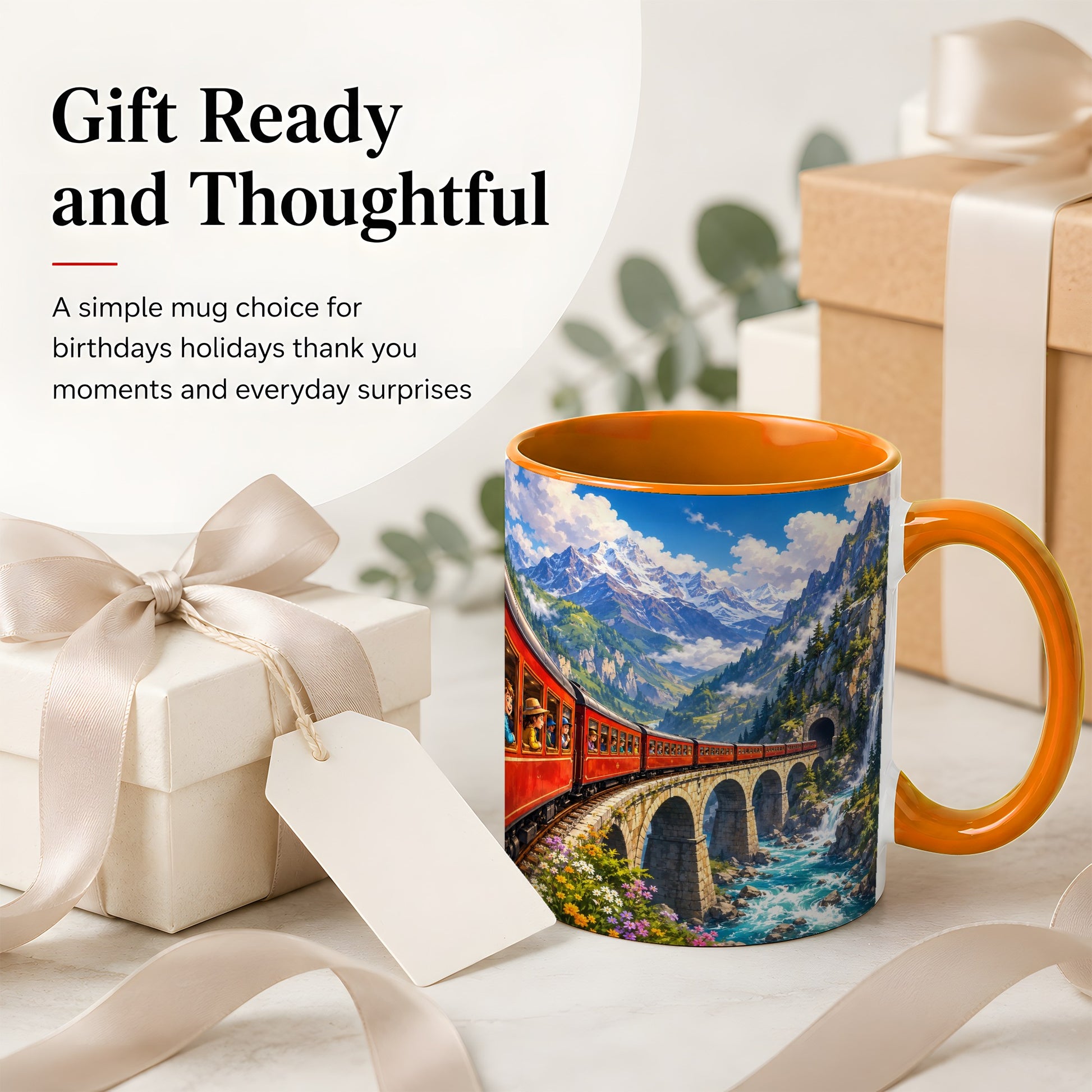 #pl[11oz|Orange] Mountain Train Ceramic Mug, Red Alpine Railway Bridge Scene