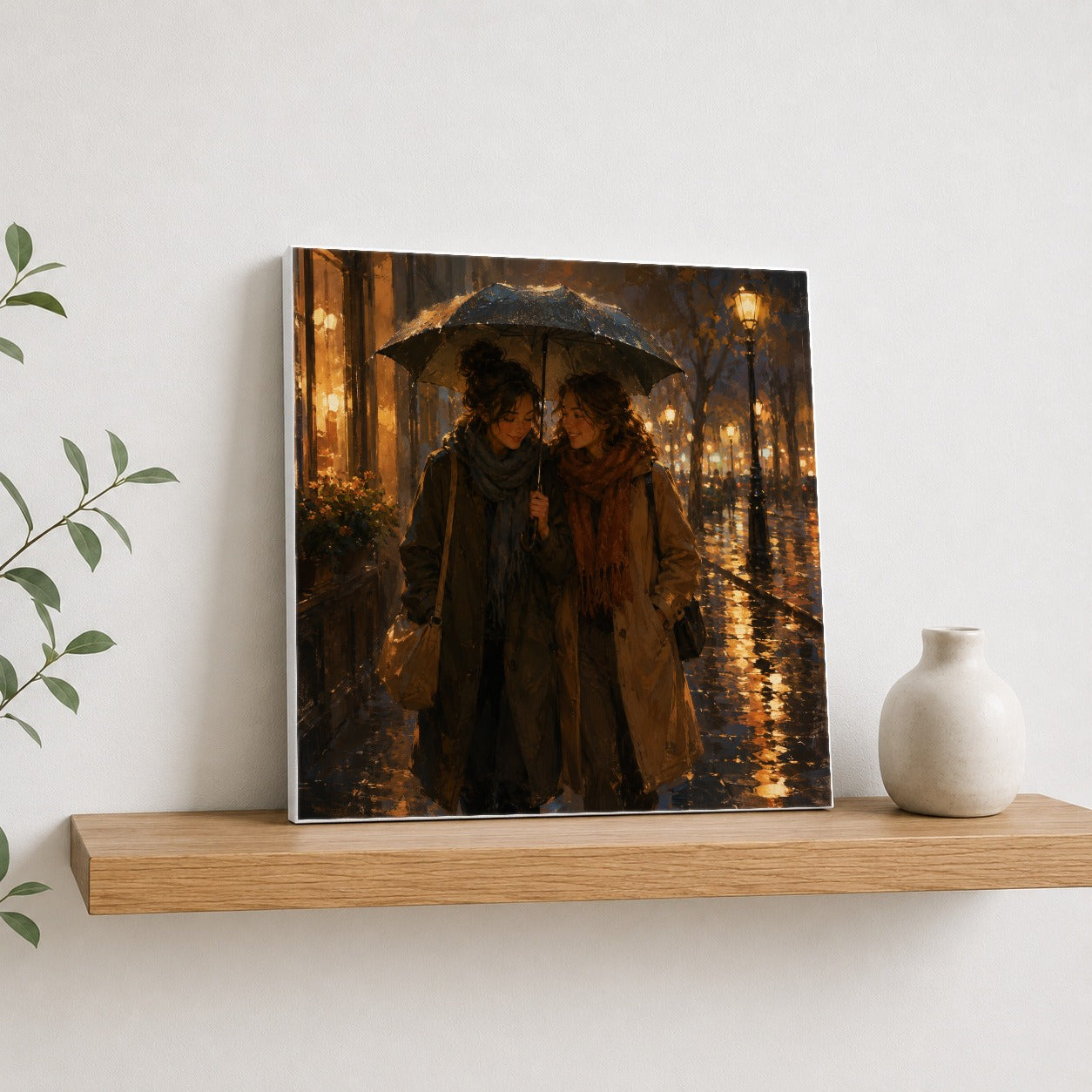 #pl[17x17 Inch|Multicolor] Rainy Friendship Walk Square Canvas Wall Art, Umbrella City Night Decor