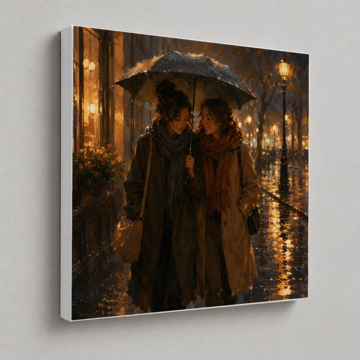 #pl[17x17 Inch|Multicolor] Rainy Friendship Walk Square Canvas Wall Art, Umbrella City Night Decor