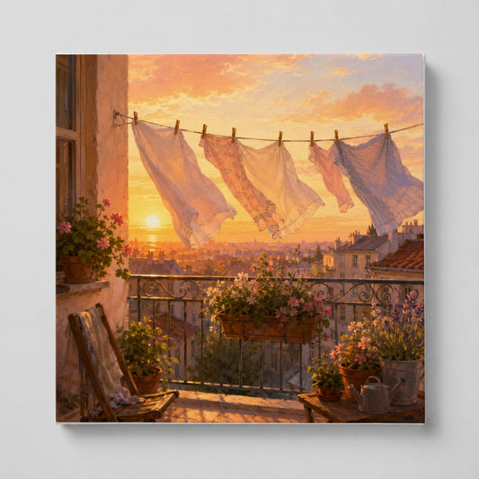 Sunset Laundry Balcony Square Canvas Wall Art, Cozy European Balcony Decor