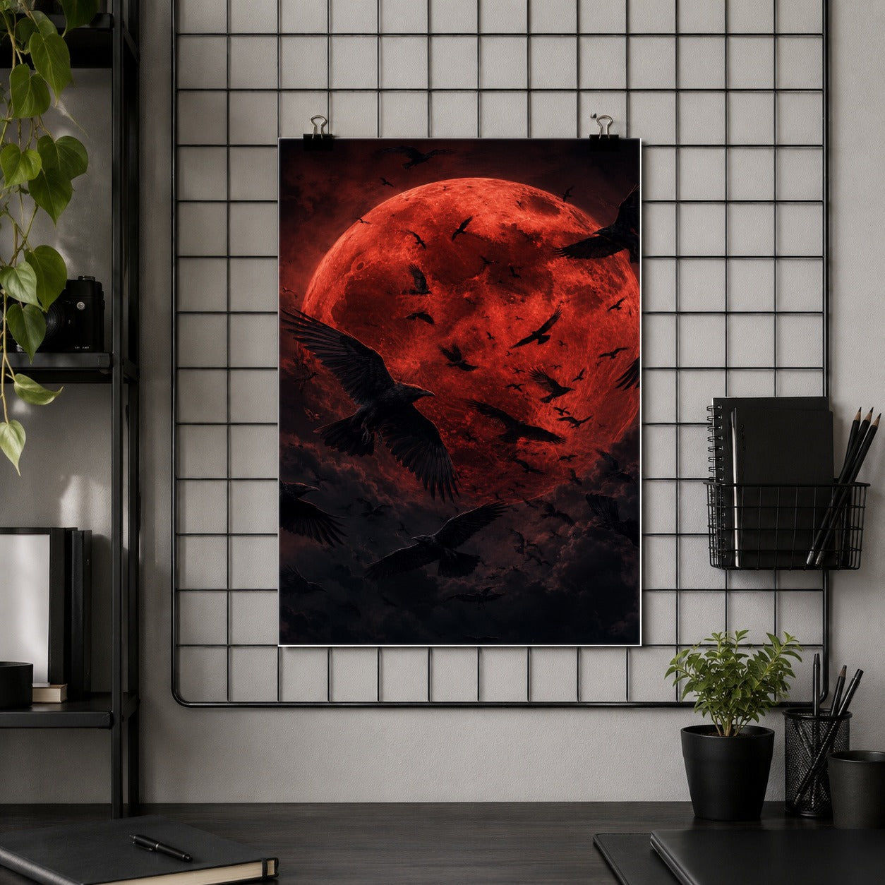 #pl[8x10 Inch|Multicolor] Red Moon Ravens Poster, Dark Gothic Celestial Wall Art