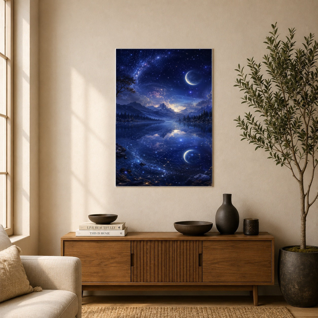 #pl[8x10 Inch|Multicolor] Cosmic Lake Poster, Moonlit Celestial Landscape Wall Art