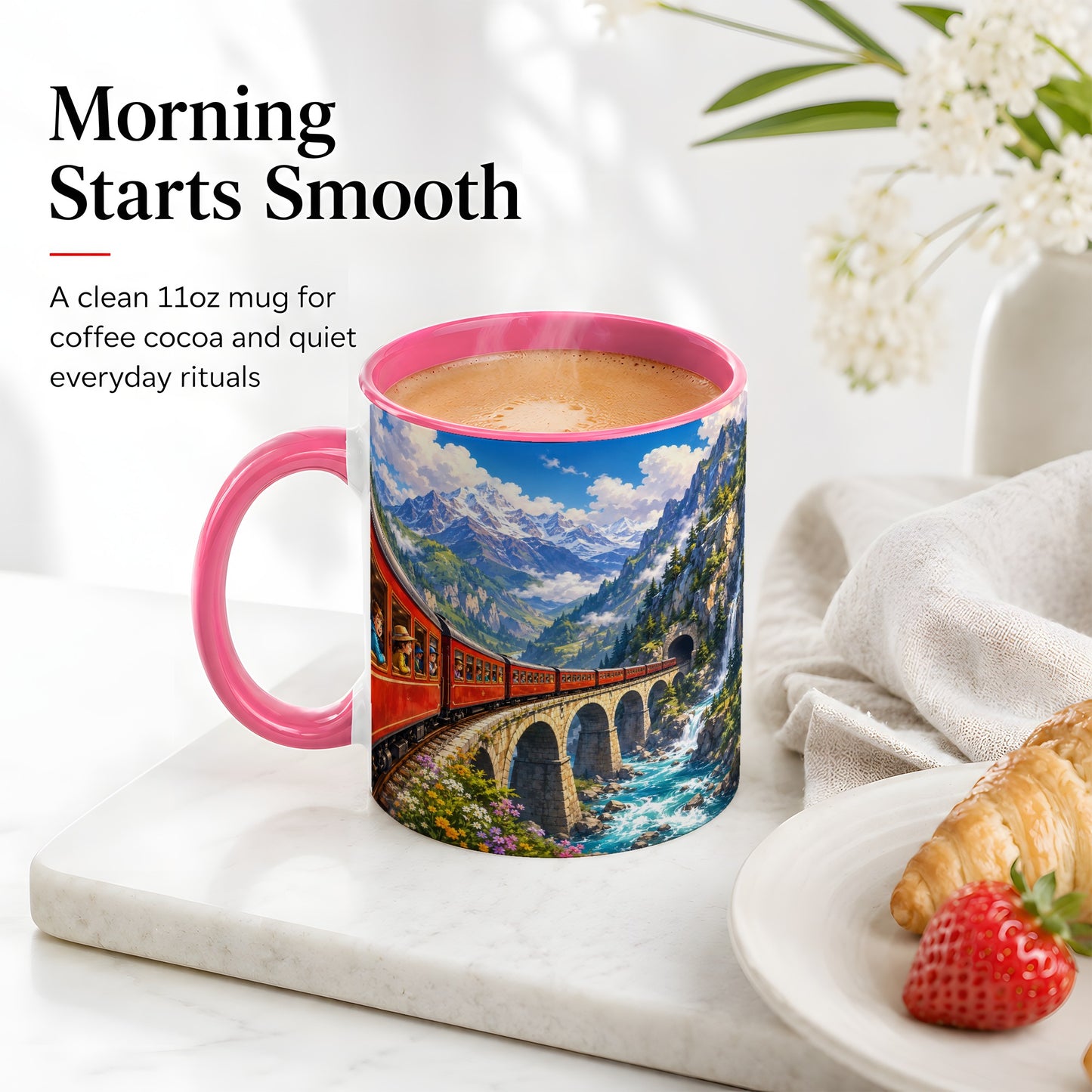 #pl[11oz|Pink] Mountain Train Ceramic Mug, Red Alpine Railway Bridge Scene