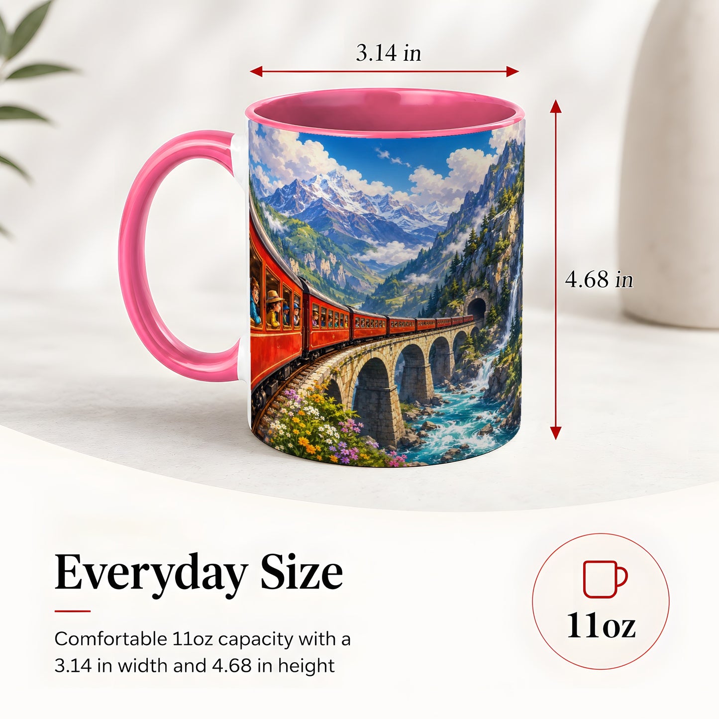 #pl[11oz|Pink] Mountain Train Ceramic Mug, Red Alpine Railway Bridge Scene