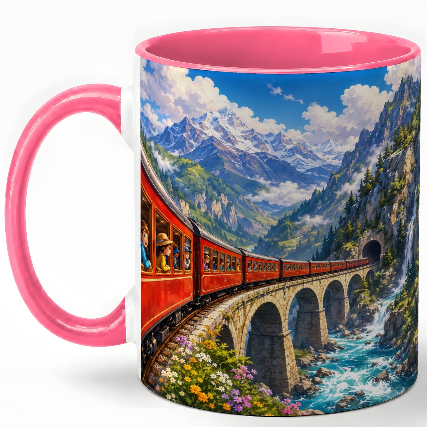 #pl[11oz|Pink] Mountain Train Ceramic Mug, Red Alpine Railway Bridge Scene