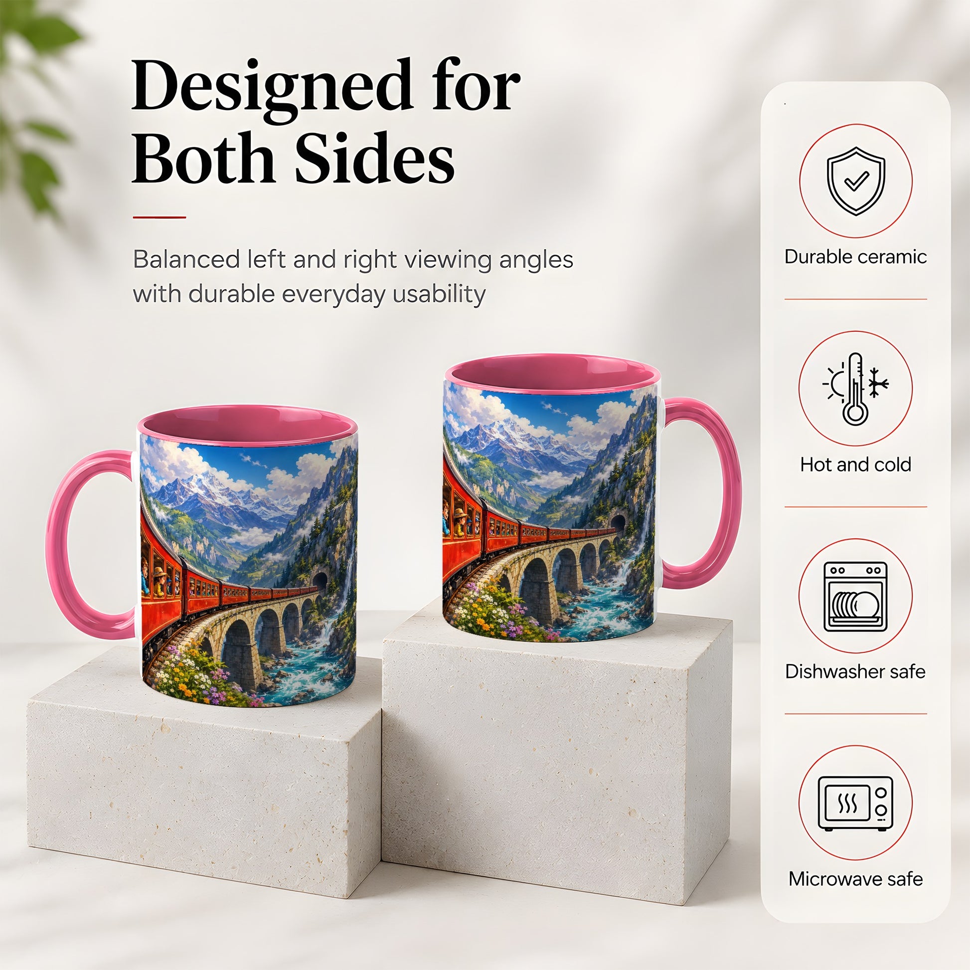 #pl[11oz|Pink] Mountain Train Ceramic Mug, Red Alpine Railway Bridge Scene