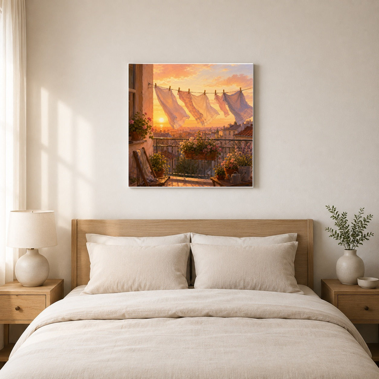 #pl[17x17 Inch|Multicolor] Sunset Laundry Balcony Square Canvas Wall Art, Cozy European Balcony Decor