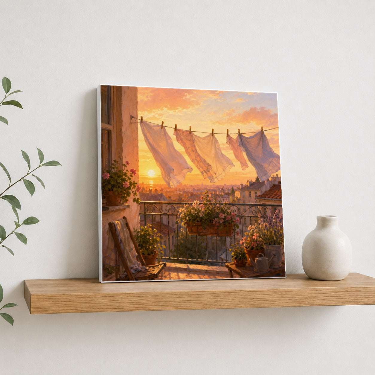 #pl[17x17 Inch|Multicolor] Sunset Laundry Balcony Square Canvas Wall Art, Cozy European Balcony Decor