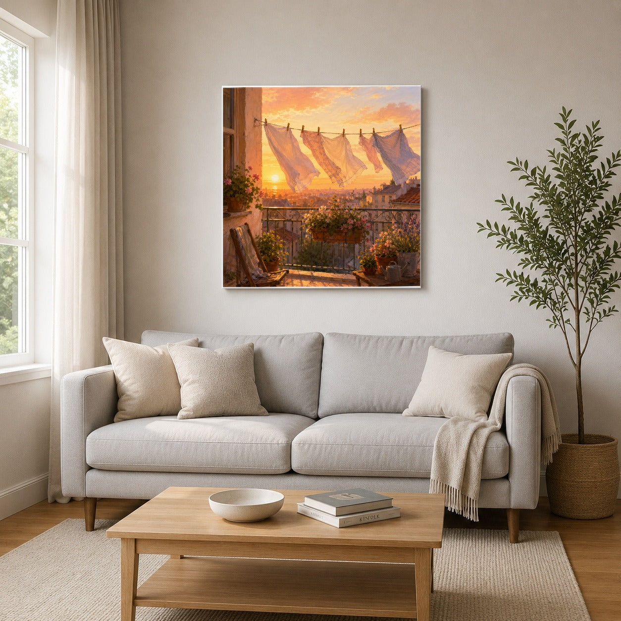 #pl[17x17 Inch|Multicolor] Sunset Laundry Balcony Square Canvas Wall Art, Cozy European Balcony Decor