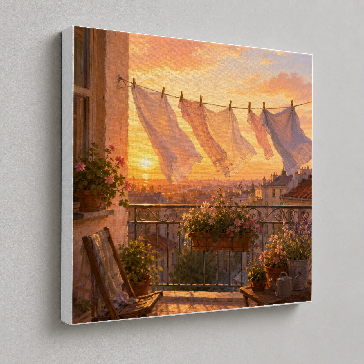 #pl[17x17 Inch|Multicolor] Sunset Laundry Balcony Square Canvas Wall Art, Cozy European Balcony Decor