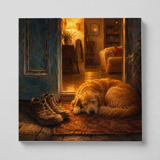 Sleeping Dog Homecoming Square Canvas Wall Art, Cozy Entryway Decor
