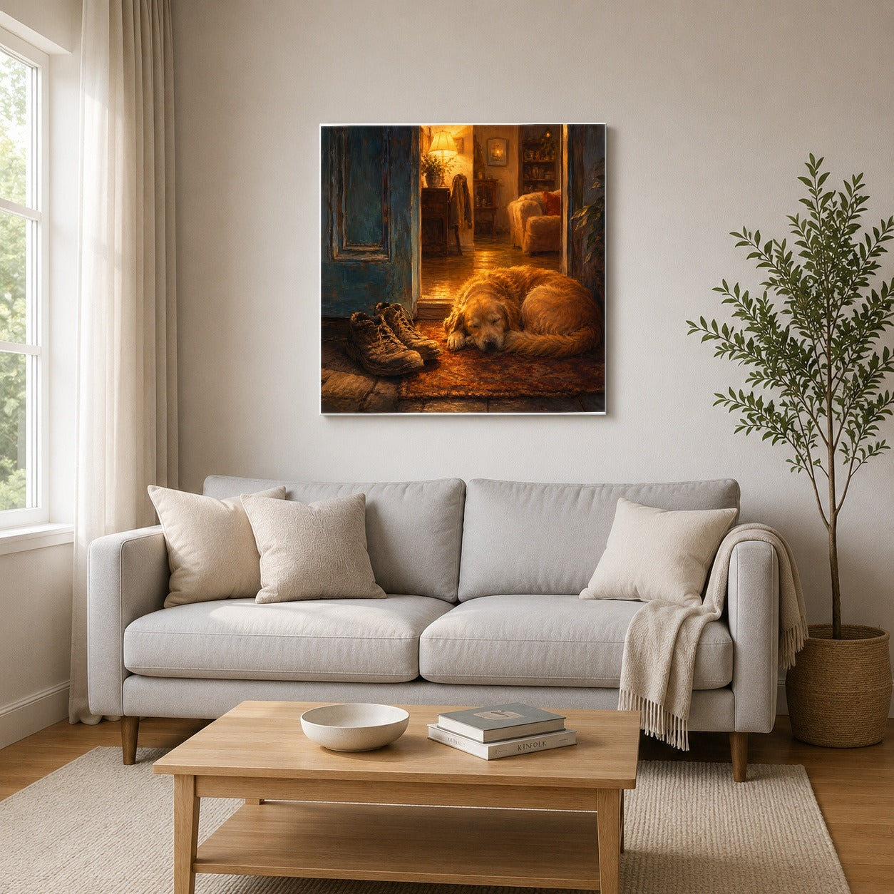 #pl[17x17 Inch|Multicolor] Sleeping Dog Homecoming Square Canvas Wall Art, Cozy Entryway Decor