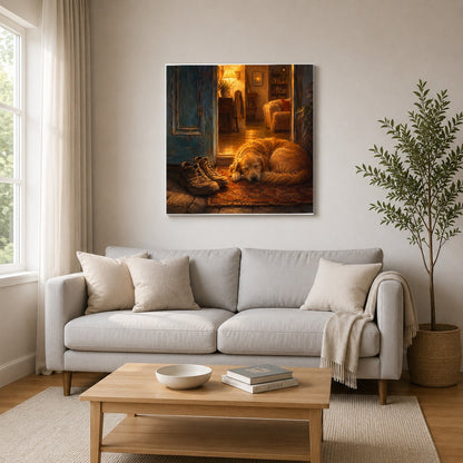 #pl[17x17 Inch|Multicolor] Sleeping Dog Homecoming Square Canvas Wall Art, Cozy Entryway Decor