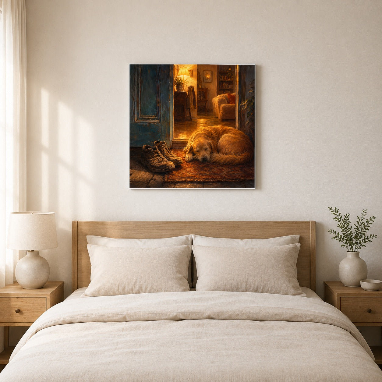 #pl[17x17 Inch|Multicolor] Sleeping Dog Homecoming Square Canvas Wall Art, Cozy Entryway Decor