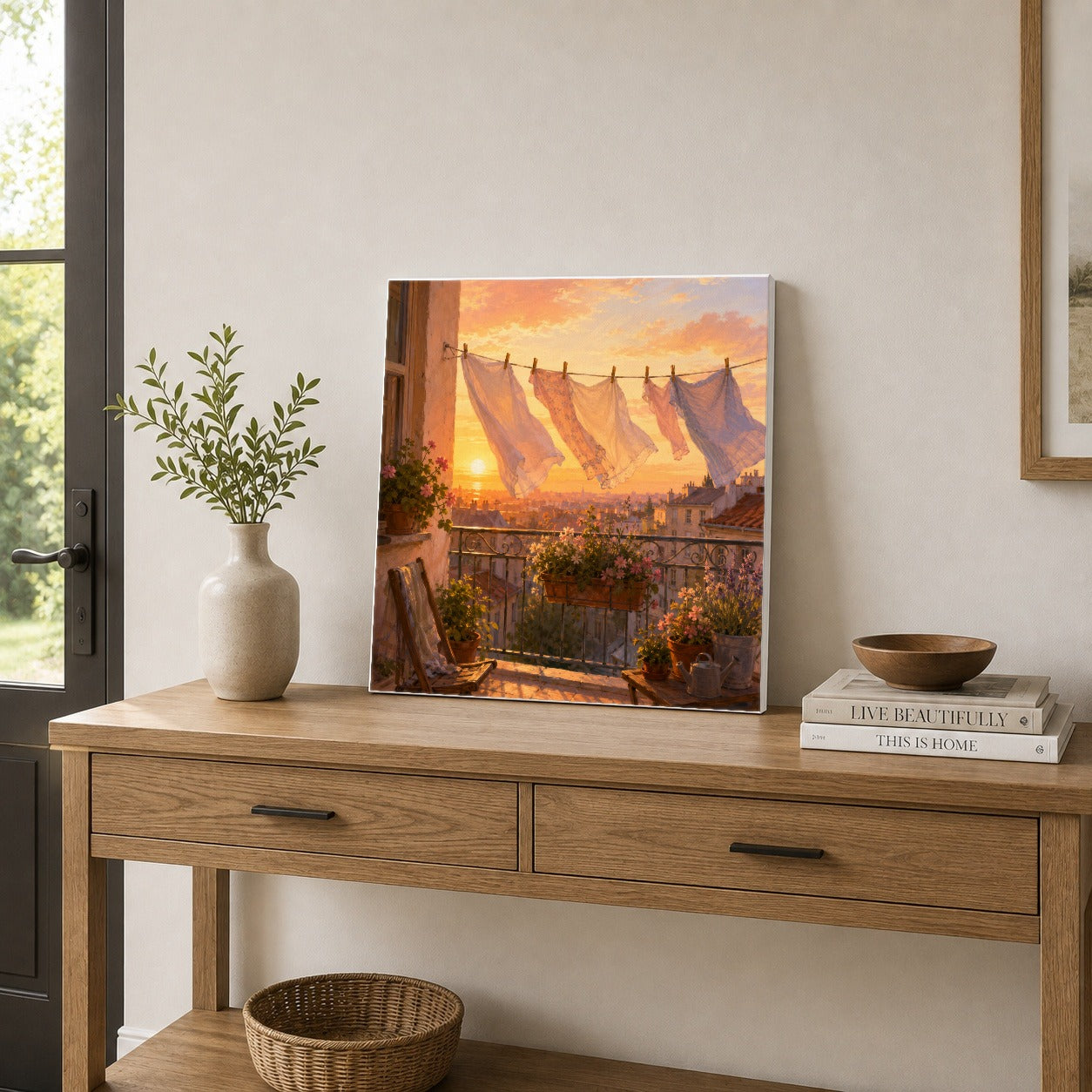#pl[17x17 Inch|Multicolor] Sunset Laundry Balcony Square Canvas Wall Art, Cozy European Balcony Decor
